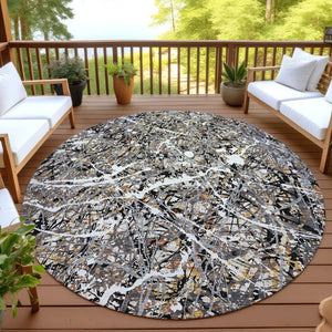 HomeRoots 8' Round Abstract Area Rug in Black, Ivory & Beige - Durable, Washable for Indoor & Outdoor Use 690023