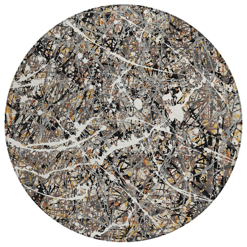 HomeRoots 8' Round Abstract Area Rug in Black, Ivory & Beige - Durable, Washable for Indoor & Outdoor Use 690023
