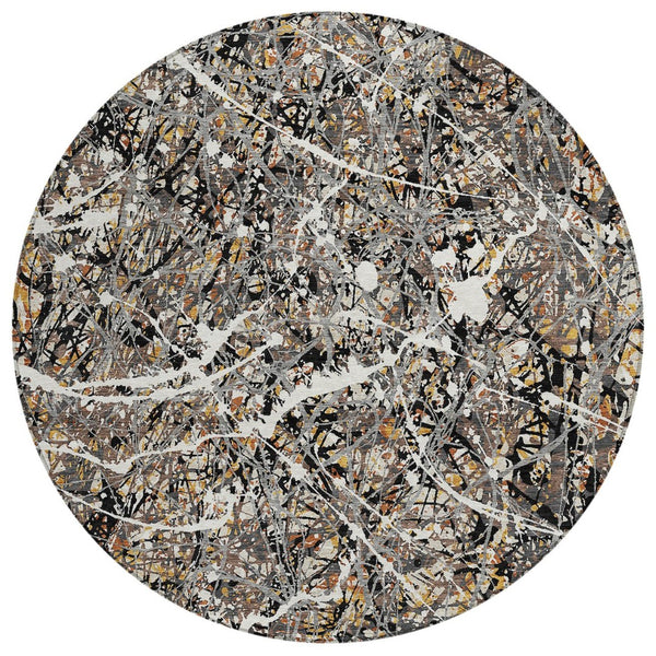 HomeRoots 8' Round Abstract Area Rug in Black, Ivory & Beige - Durable, Washable for Indoor & Outdoor Use 690023