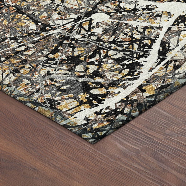 HomeRoots 8' Round Abstract Area Rug in Black, Ivory & Beige - Durable, Washable for Indoor & Outdoor Use 690023