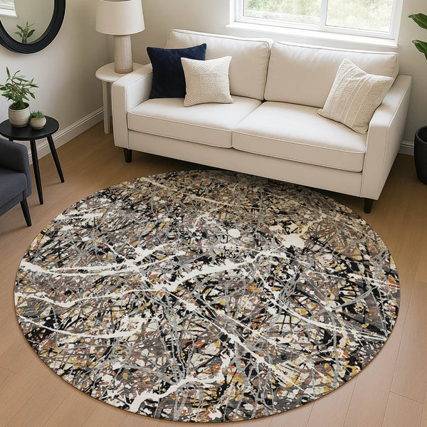 HomeRoots 8' Round Abstract Area Rug in Black, Ivory & Beige - Durable, Washable for Indoor & Outdoor Use 690023