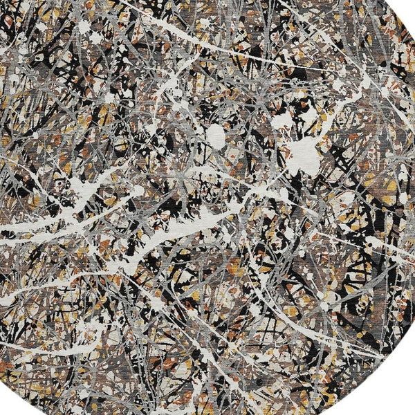 HomeRoots 8' Round Abstract Area Rug in Black, Ivory & Beige - Durable, Washable for Indoor & Outdoor Use 690023