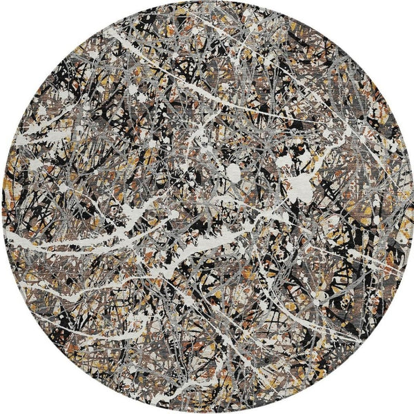 HomeRoots 8' Round Abstract Area Rug in Black, Ivory & Beige - Durable, Washable for Indoor & Outdoor Use 690023