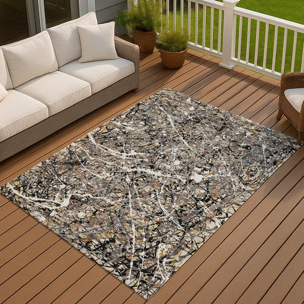 HomeRoots 9' Black Ivory Beige Abstract Washable Indoor/Outdoor Area Rug - Durable, Stylish & Easy to Clean! 690025