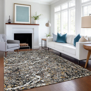 HomeRoots 9' Black Ivory Beige Abstract Washable Indoor/Outdoor Area Rug - Durable, Stylish & Easy to Clean! 690025