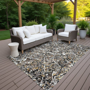 HomeRoots 9' Black Ivory Beige Abstract Washable Indoor/Outdoor Area Rug - Durable, Stylish & Easy to Clean! 690025