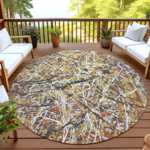 HomeRoots 8' Gold, Black & Ivory Round Abstract Rug - Stylish, Washable Indoor/Outdoor Area Rug for Versatile Spaces 690029