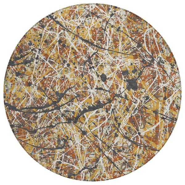 HomeRoots 8' Gold, Black & Ivory Round Abstract Rug - Stylish, Washable Indoor/Outdoor Area Rug for Versatile Spaces 690029