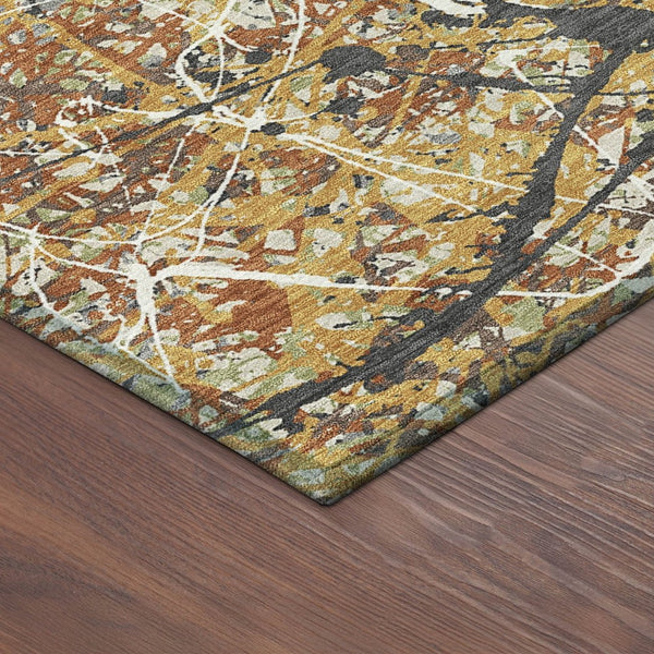 HomeRoots 8' Gold, Black & Ivory Round Abstract Rug - Stylish, Washable Indoor/Outdoor Area Rug for Versatile Spaces 690029