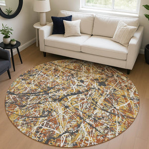 HomeRoots 8' Gold, Black & Ivory Round Abstract Rug - Stylish, Washable Indoor/Outdoor Area Rug for Versatile Spaces 690029