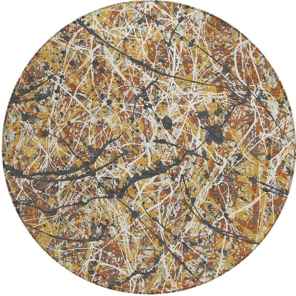 HomeRoots 8' Gold, Black & Ivory Round Abstract Rug - Stylish, Washable Indoor/Outdoor Area Rug for Versatile Spaces 690029
