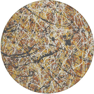 HomeRoots 8' Gold, Black & Ivory Round Abstract Rug - Stylish, Washable Indoor/Outdoor Area Rug for Versatile Spaces 690029