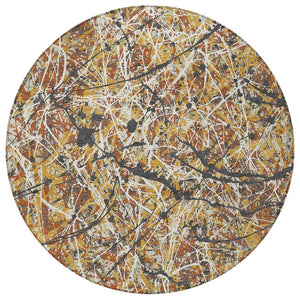 HomeRoots 8' Gold, Black & Ivory Round Abstract Rug - Stylish, Washable Indoor/Outdoor Area Rug for Versatile Spaces 690029
