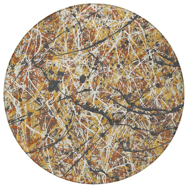 HomeRoots 8' Gold, Black & Ivory Round Abstract Rug - Stylish, Washable Indoor/Outdoor Area Rug for Versatile Spaces 690029