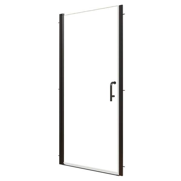 English Elm 34-36 in Frameless Pivot Shower Door Clear Glass Matte Black Hardware Reversible Swing W63777032