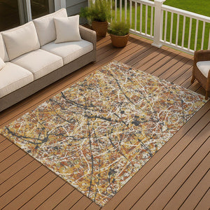 HomeRoots 10' Washable Gold, Black & Ivory Abstract Area Rug - Durable Indoor/Outdoor Design for Any Space 690032