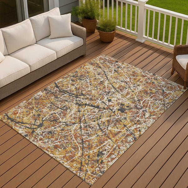 HomeRoots 10' Washable Gold, Black & Ivory Abstract Area Rug - Durable Indoor/Outdoor Design for Any Space 690032