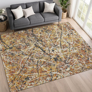 HomeRoots 10' Washable Gold, Black & Ivory Abstract Area Rug - Durable Indoor/Outdoor Design for Any Space 690032