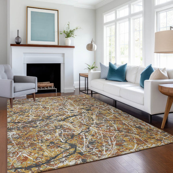 HomeRoots 10' Washable Gold, Black & Ivory Abstract Area Rug - Durable Indoor/Outdoor Design for Any Space 690032