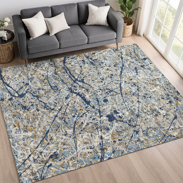 HomeRoots 5' Modern Abstract Washable Area Rug in Navy Blue, Ivory & Copper – Indoor/Outdoor Durability & Style 690034