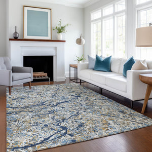 HomeRoots 5' Modern Abstract Washable Area Rug in Navy Blue, Ivory & Copper – Indoor/Outdoor Durability & Style 690034
