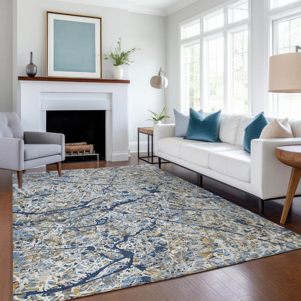 HomeRoots 5' Modern Abstract Washable Area Rug in Navy Blue, Ivory & Copper – Indoor/Outdoor Durability & Style 690034