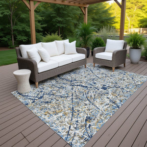 HomeRoots 5' Modern Abstract Washable Area Rug in Navy Blue, Ivory & Copper – Indoor/Outdoor Durability & Style 690034