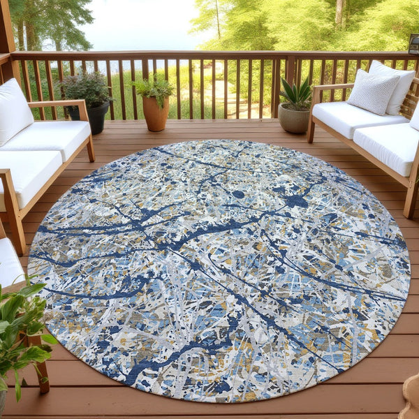 HomeRoots 8' Modern Abstract Round Area Rug in Navy Blue, Ivory & Copper - Washable, Stain-Resistant Design 690035