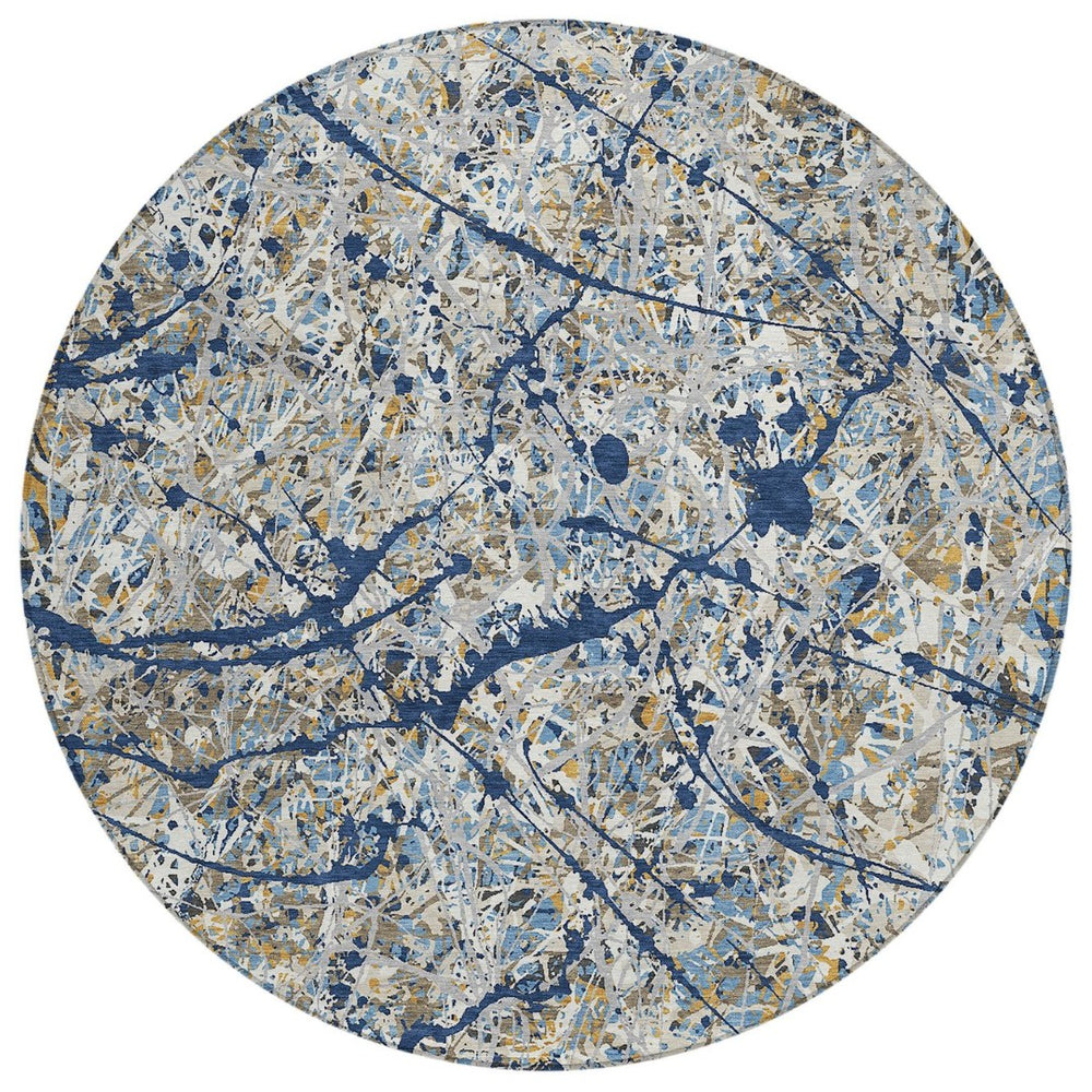 HomeRoots 8' Modern Abstract Round Area Rug in Navy Blue, Ivory & Copper - Washable, Stain-Resistant Design 690035