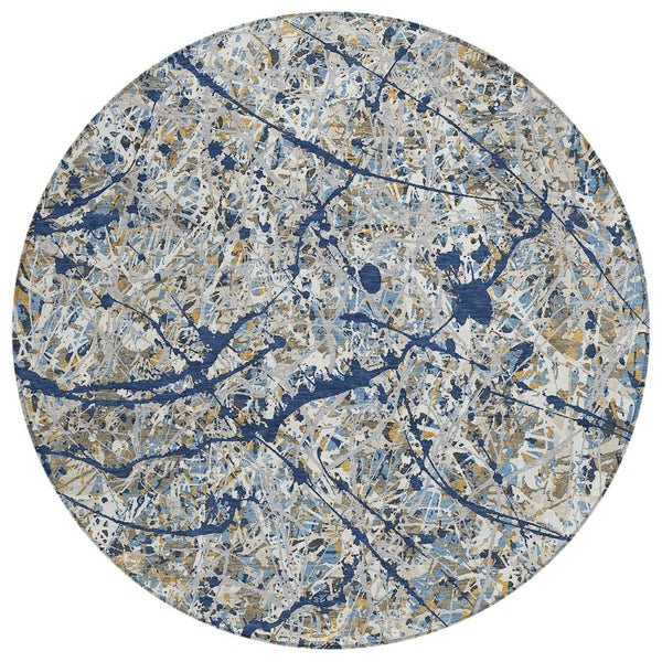 HomeRoots 8' Modern Abstract Round Area Rug in Navy Blue, Ivory & Copper - Washable, Stain-Resistant Design 690035