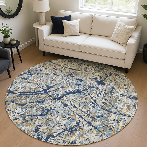 HomeRoots 8' Modern Abstract Round Area Rug in Navy Blue, Ivory & Copper - Washable, Stain-Resistant Design 690035