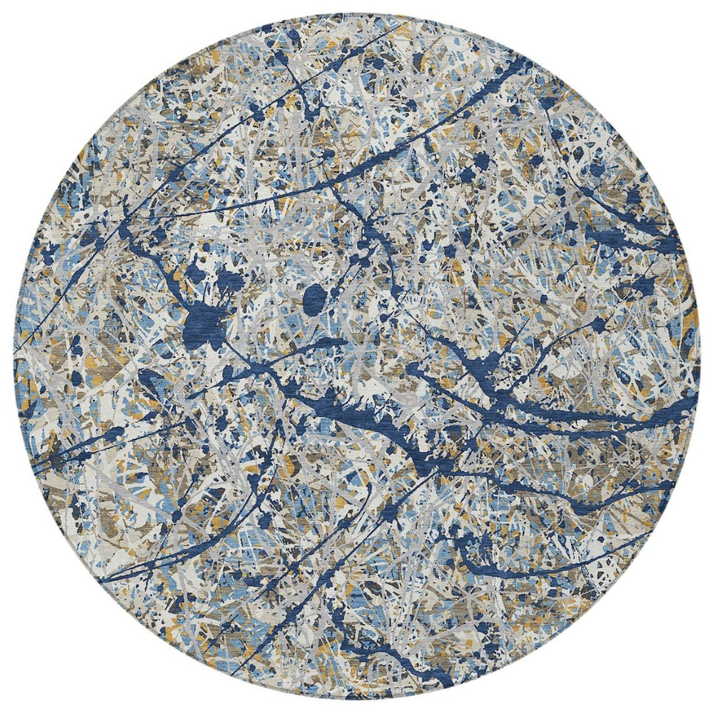 HomeRoots 8' Modern Abstract Round Area Rug in Navy Blue, Ivory & Copper - Washable, Stain-Resistant Design 690035
