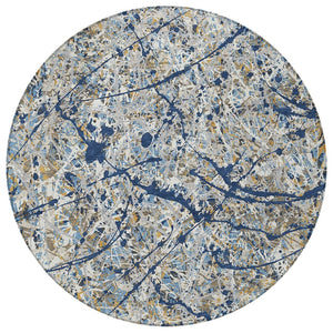 HomeRoots 8' Modern Abstract Round Area Rug in Navy Blue, Ivory & Copper - Washable, Stain-Resistant Design 690035