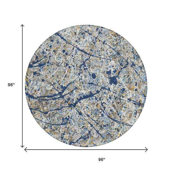 HomeRoots 8' Modern Abstract Round Area Rug in Navy Blue, Ivory & Copper - Washable, Stain-Resistant Design 690035