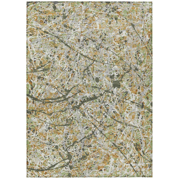 HomeRoots 5' Olive Green, Gold & Ivory Abstract Area Rug - Washable, Durable Design for Indoor & Outdoor Use 690040