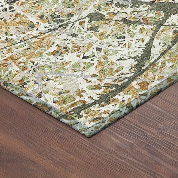 HomeRoots 5' Olive Green, Gold & Ivory Abstract Area Rug - Washable, Durable Design for Indoor & Outdoor Use 690040