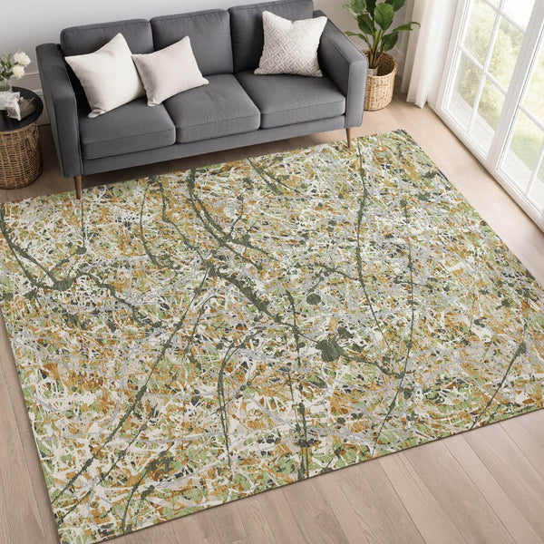 HomeRoots 5' Olive Green, Gold & Ivory Abstract Area Rug - Washable, Durable Design for Indoor & Outdoor Use 690040