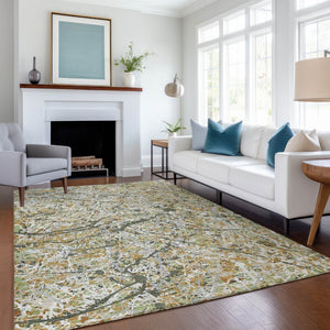 HomeRoots 5' Olive Green, Gold & Ivory Abstract Area Rug - Washable, Durable Design for Indoor & Outdoor Use 690040