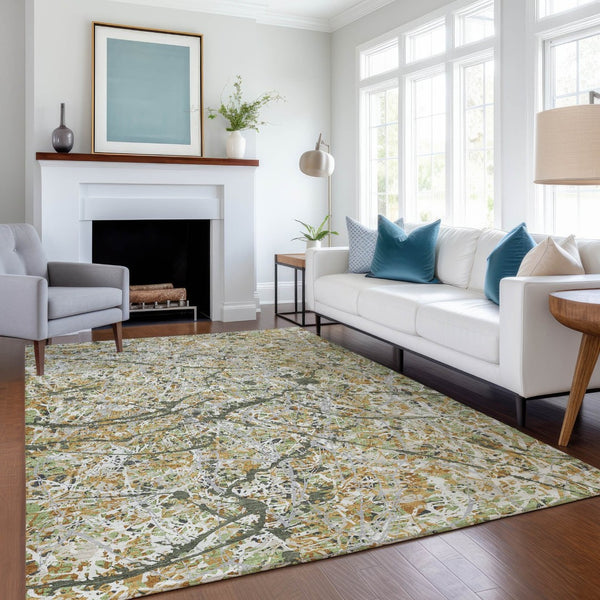 HomeRoots 5' Olive Green, Gold & Ivory Abstract Area Rug - Washable, Durable Design for Indoor & Outdoor Use 690040