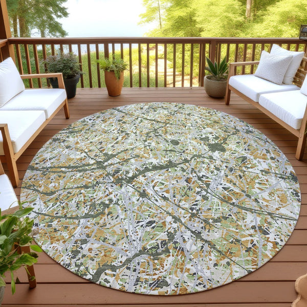 HomeRoots 8' Modern Olive Green, Gold & Ivory Abstract Round Area Rug - Washable Indoor/Outdoor Durability! 690041