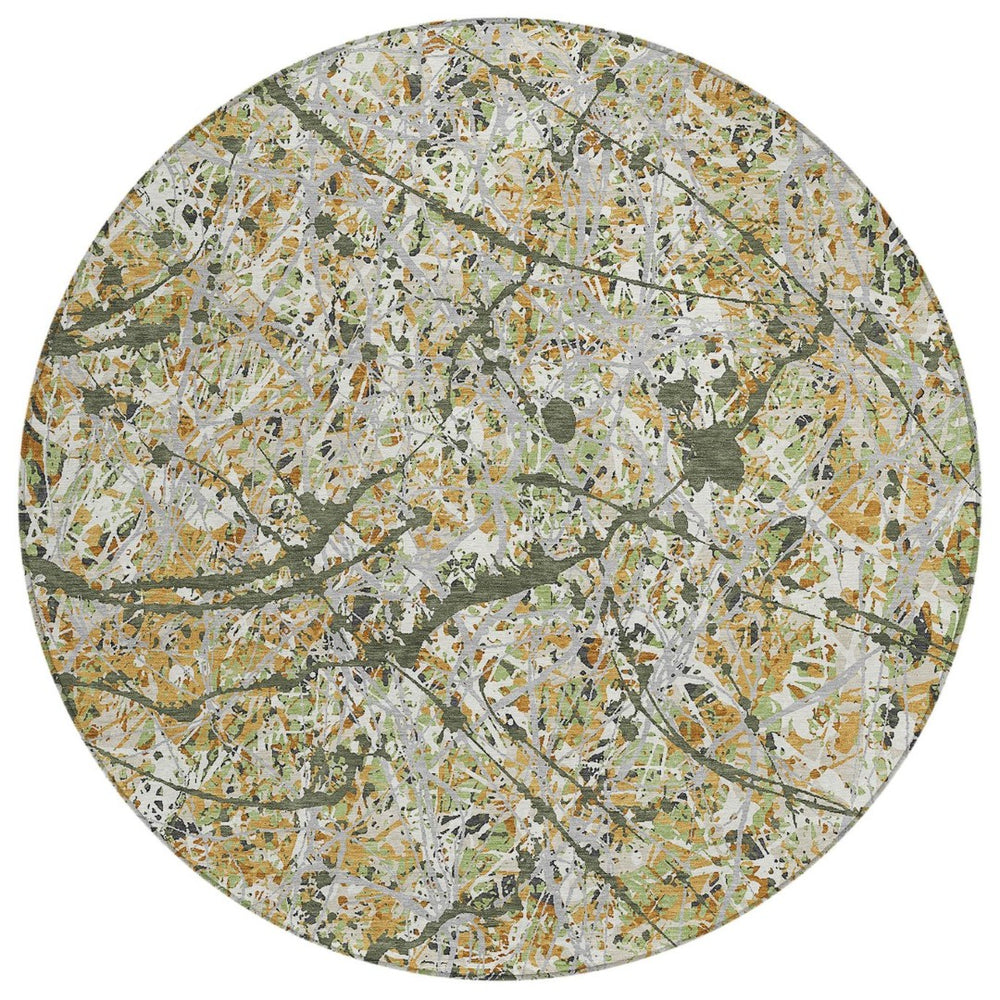 HomeRoots 8' Modern Olive Green, Gold & Ivory Abstract Round Area Rug - Washable Indoor/Outdoor Durability! 690041