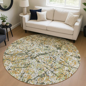 HomeRoots 8' Modern Olive Green, Gold & Ivory Abstract Round Area Rug - Washable Indoor/Outdoor Durability! 690041