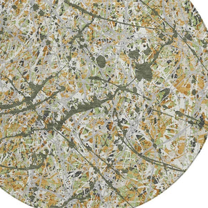 HomeRoots 8' Modern Olive Green, Gold & Ivory Abstract Round Area Rug - Washable Indoor/Outdoor Durability! 690041