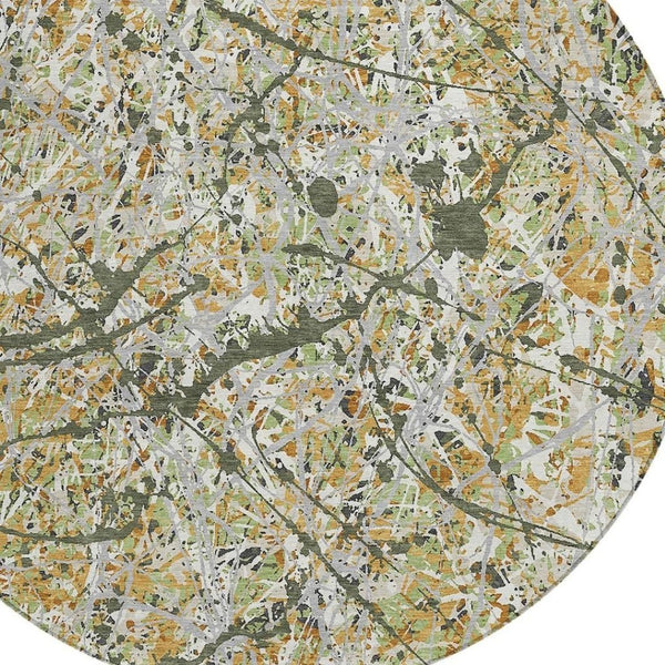HomeRoots 8' Modern Olive Green, Gold & Ivory Abstract Round Area Rug - Washable Indoor/Outdoor Durability! 690041