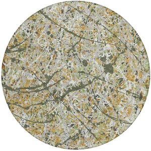 HomeRoots 8' Modern Olive Green, Gold & Ivory Abstract Round Area Rug - Washable Indoor/Outdoor Durability! 690041