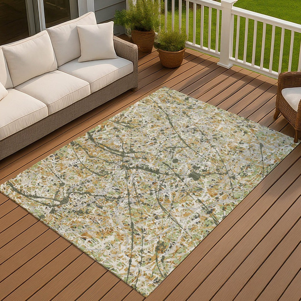 HomeRoots 9' X 12' Olive Green Gold Ivory Abstract Area Rug - Stylish, Washable, Durable for Indoor & Outdoor Use 690043