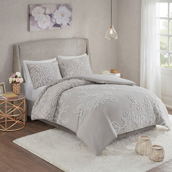 English Elm Full/Queen Veronica 3-Piece Tufted Cotton Chenille Floral Duvet Cover Set - Shabby Chic Grey Elegance B035129184