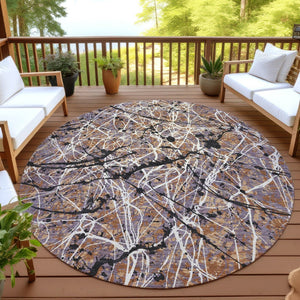 HomeRoots 8' Round Abstract Area Rug in Rust, Black & Ivory - Washable, Durable for Indoor & Outdoor Spaces 690047
