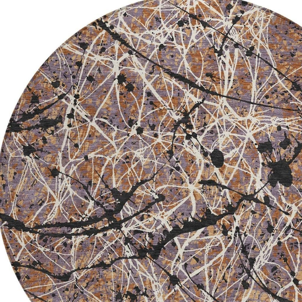 HomeRoots 8' Round Abstract Area Rug in Rust, Black & Ivory - Washable, Durable for Indoor & Outdoor Spaces 690047