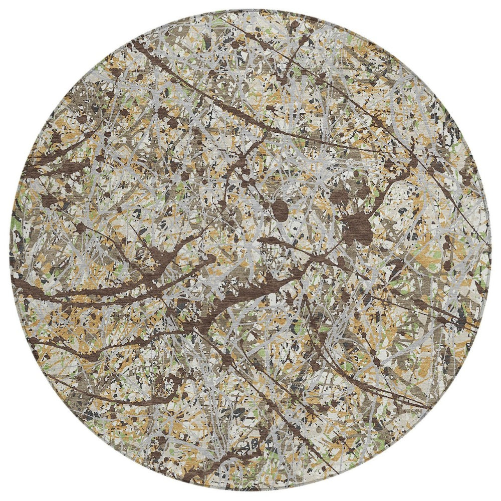 HomeRoots 8' Taupe Beige and Brown Round Abstract Area Rug - Washable, Durable, Stylish for Indoor & Outdoor Use 690053